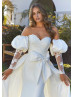 Ivory Lace Satin Elegant Wedding Dress With Detachable Sleeves Overskirt